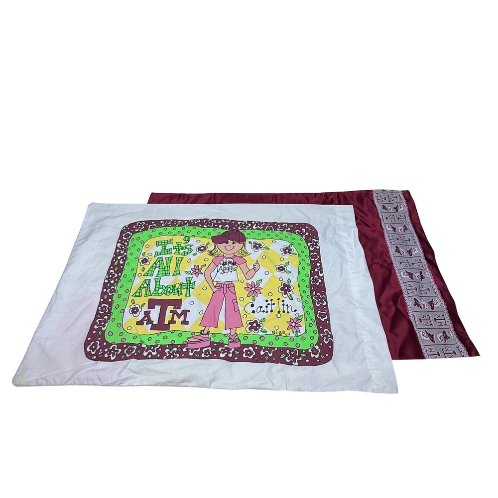 Vintage Texas AM Aggies Caitlin Pillowcase Set 2 Y2K Handmade Dorm Decor Maroon